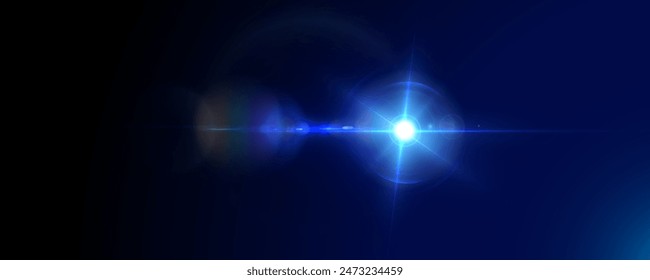 Light effect of blue glowing light. Solar flare. Glow effect. Starbursts with twinkling highlights. Beautiful light effect of flickering highlights. Vector 10 EPS	