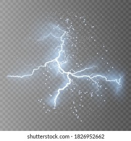 Light effect of blue lightning. PNG. Realistic flash with lightning. Electric explosion png.