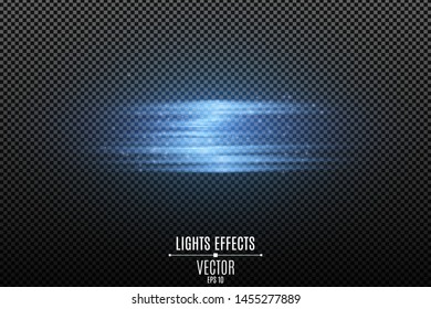 Light effect of blue neon lines isolated on transparent background. Light distortion. Neon vibrations. Flying glowing particles. Vector illustration. EPS 10