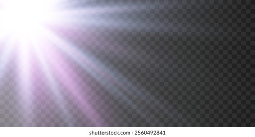 Light effect. Bright glowing light. Beautiful star sunrise. Light flash. On transparent background.