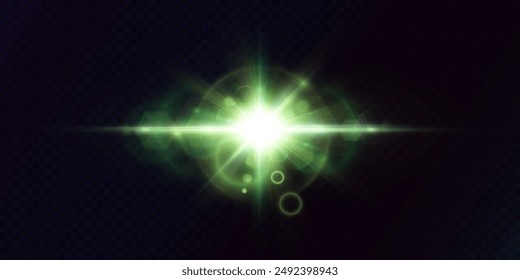 The light effect with bright green highlights shimmers with a slight blur. Abstract green light effect isolated on transparent background.