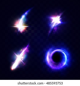 light effect bright stars, isolated object space, a black hole. Magic, sparkles bright, natural effects. Design element glare shining stars. Vector illustration