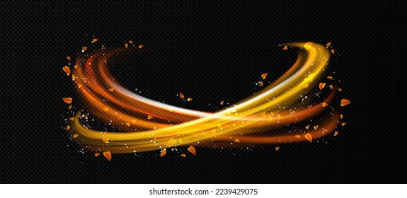 light effect bright twinkle vortex with yellow autumn leaves. Wind, golden tornado spiral. Magic twist with stars and sparkles. Gold swirl of wand, wizard spell, Realistic 3d Vector illustration