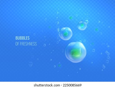 Light effect of bubble fresh and clean. Underwater air flow with a mint leaf is a graphic element for a menthol herbal aroma and a refreshing effervescent taste. Vector illustration