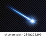 Light effect with a burning comet highlight, laser beam, meteor, shooting star. A realistic blue design element. An isolated neon ray on a dark background. Perfect for space designs. Vector.