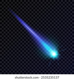 Light effect with a burning comet highlight, meteor, shooting star, laser beam. Realistic blue design element. Isolated neon ray on a dark background. Perfect for cosmic designs. Vector illustration.