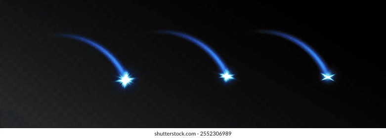 Efeito de luz com um cometa em chamas, estrela em queda, meteoro. Raio de néon azul isolado sobre um fundo escuro. Ilustração vetorial