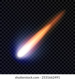 Light effect with a burning flying comet, highlight, meteor, shooting star. A realistic cosmic design element. An isolated neon ray on a dark background. Perfect for space designs. Vector illustration