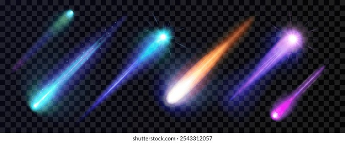 Efeito de luz com um cometa multicolorido em chamas, meteoro, estrela cadente. Conjunto de elementos de design de realce realistas. Raios de néon isolados sobre um fundo escuro. Perfeito para designs de espaço. Vetor.