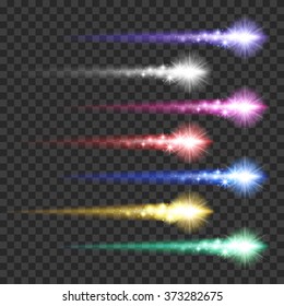 Light effect colorful comets meteors set vector illustration on transparent background. Burst sparks glow collection.