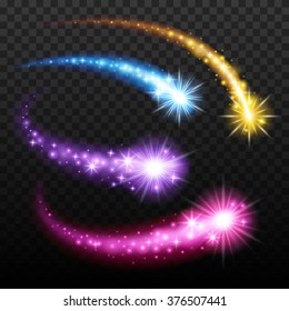 Light effect colorful falling comets meteors set vector illustration on transparent background. Burst sparks glow collection.