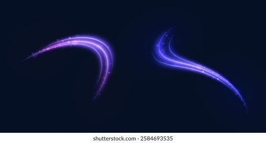 Light effect in the concept of moving smooth curved lines. Glowing purple light swirls in smooth, flowing lines. Vector