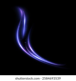 Light effect in the concept of moving smooth curved lines. Glowing purple light swirls in smooth, flowing lines. Vector