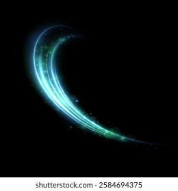 Light effect in the concept of moving smooth curved lines. Glowing blue light swirls in smooth, flowing lines. Vector