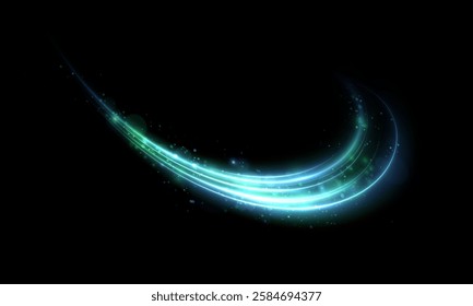Light effect in the concept of moving smooth curved lines. Glowing blue light swirls in smooth, flowing lines. Vector