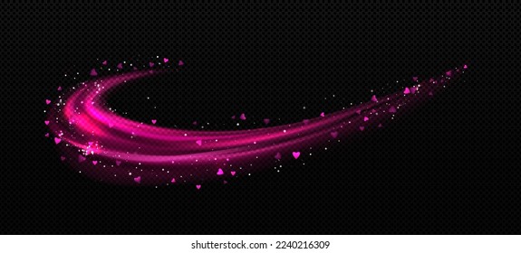 Light effect curve bright twinkle line with hearts. Love, magic glow with star dust and sparkles. Purple Saturated pink wave with sparks, magician spell isolated trace Realistic 3d vector illustration