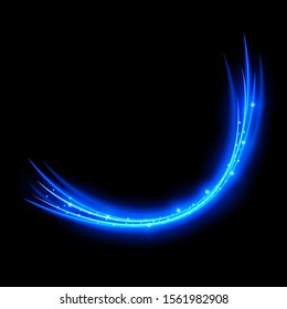 Light effect with curve trail and blue sparkles on black background