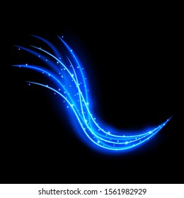 Light effect with curve trail and blue sparkles on black background