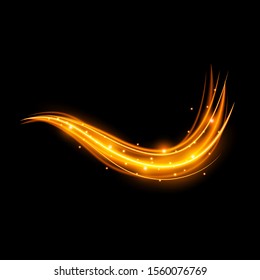 Light effect with curve trail and golden sparkles on black background