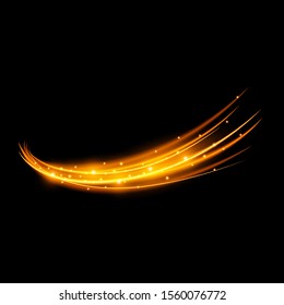 Light effect with curve trail and golden sparkles on black background