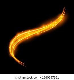 Light effect with curve trail and golden sparkles on black background