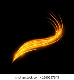 Light effect with curve trail and golden sparkles on black background