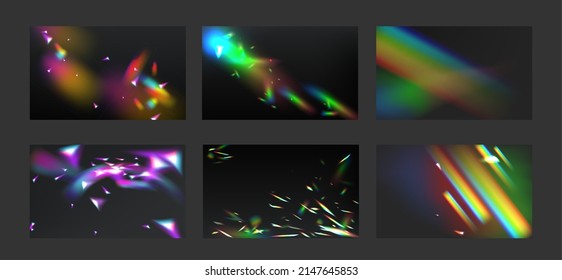 Light Effect Diamond Prism Flare Collection. Backgrounds With Rainbow Crystal Reflection, Lens Refraction, Glass, Jewelry Or Gem Stone Glare, Optical Physics Illusion, Realistic 3d Vector Illustration