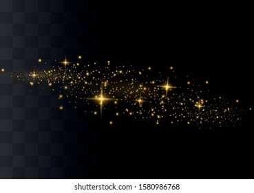 Light effect of dust. Golden stars shine with a special light. The light sparkles on a transparent background. Christmas bright dust effect.