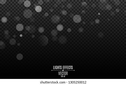 Light effect. Falling snow effect isolated on transparent background. Abstract blurred lights bokeh. Snowflakes flying sideways. Vector illustration. EPS 10