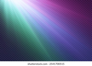 Efecto de luz de destellos y lentes, destellos de rayos de una lámpara. Sobre un fondo transparente.