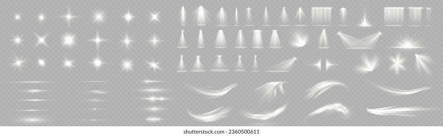 Light effect flare white shine, vector len glow line sparkle shine. White, lens, star, glow, spark, effect, light, line, spotlight, flare, twirl, curve, vector.