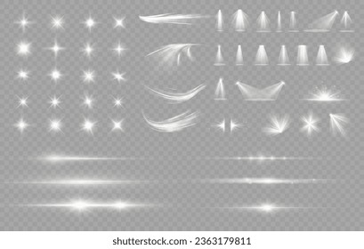 Efecto luminoso brillo blanco, brillo vectorial de la línea de brillo brillo brillo brillo brillantes. Blanco, lente, estrella, resplandor, chispa, efecto, luz, línea, foco, bengala, giro, curva, vector.
