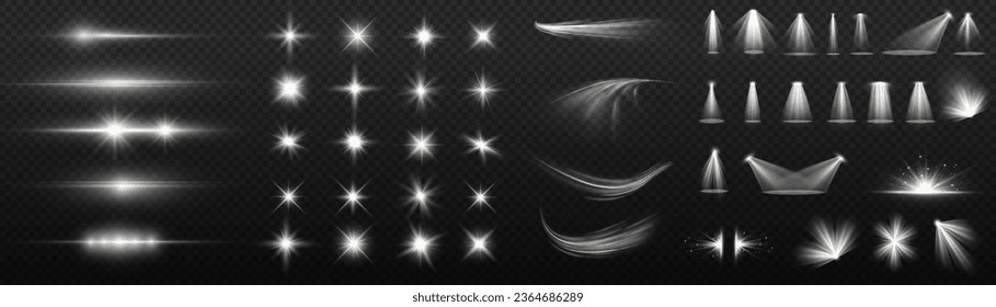 Light effect flare white shine, vector len glow line sparkle shine. White, lens, star, glow, spark, effect, light, line, spotlight, flare, twirl, curve, vector.