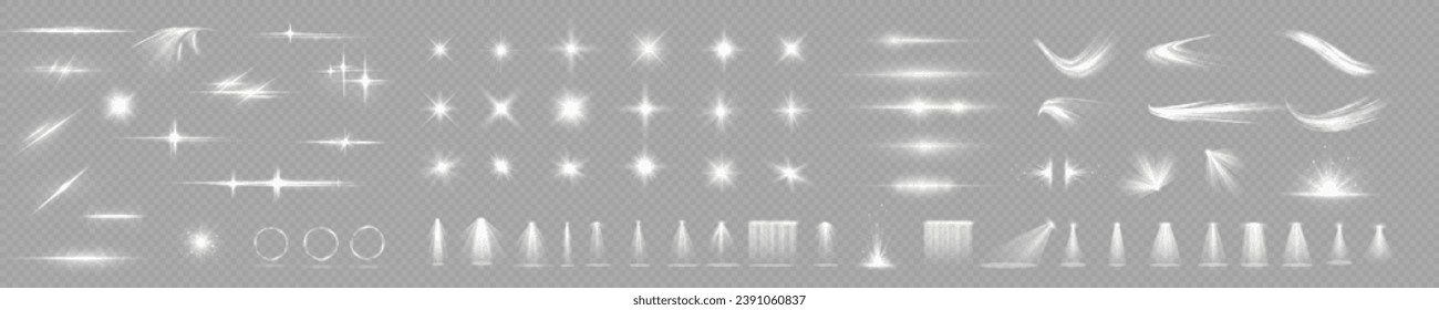 Light effect flare white shine, vector len glow line sparkle shine. White, lens, star, glow, spark, effect, light, line, spotlight, flare, twirl, curve, vector.