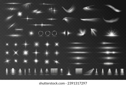 Efecto luminoso brillo blanco, brillo vectorial de la línea de brillo brillo brillo brillo brillantes. Blanco, lente, estrella, resplandor, chispa, efecto, luz, línea, foco, bengala, giro, curva, vector.