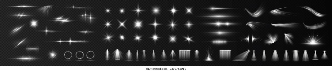 Efecto luminoso brillo blanco, brillo vectorial de la línea de brillo brillo brillo brillo brillantes. Blanco, lente, estrella, resplandor, chispa, efecto, luz, línea, foco, bengala, giro, curva, vector.