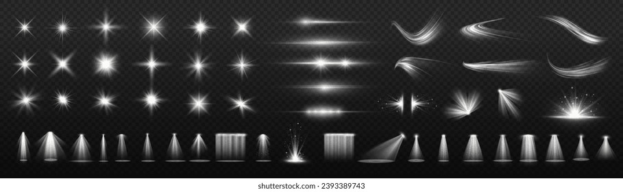 Efecto luminoso brillo blanco, brillo vectorial de la línea de brillo brillo brillo brillo brillantes. Blanco, lente, estrella, resplandor, chispa, efecto, luz, línea, foco, bengala, giro, curva, vector.