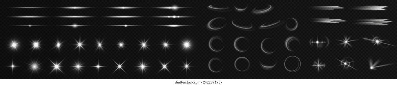 Light effect flare white shine sparkl, vector len glow line sparkle shine. White, lens, star, glow, spark, effect, light, line, spotlight, flare, twirl, curve, vector, vortex.