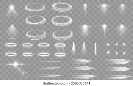 Light effect flare white shine, vector len glow line sparkle shine. White lens star, glow spark effect, light line spotlight, flare twirl curve vector.