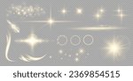 Light effect flashes white glitter, vector glow line glitters. Big set of lighting effects in the form of flashes, glare, light dust, sun and yellow stars.