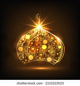 Light Effect Floral Mosque Dome Against Brown Background For Islamic Festival Concept.