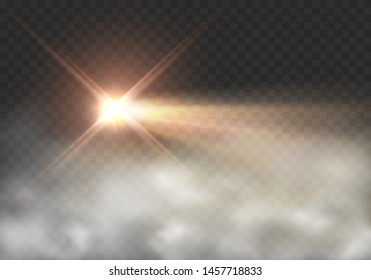 Light Effect In Fog Isolated On Transparent Background. Glow Motorcycle Or Motorbike Headlight And Smoke. Vector Bright Beacon Lights With Mist.
