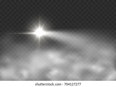 Light effect in fog isolated on transparent background. Glow motorcycle or motorbike headlight and smoke. Vector bright beacon lights with mist.