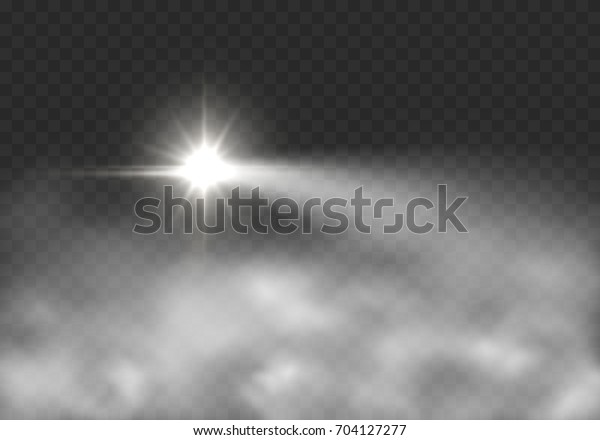 Light effect in fog isolated on transparent\
background. Glow motorcycle or motorbike headlight and smoke.\
Vector bright beacon lights with\
mist.