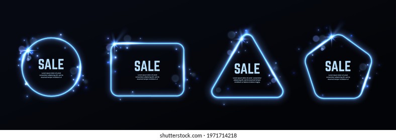 Light effect frames. Glowing different shapes borders with sale text and copy space, round and square luminous banners, blue sparkling particles, magic design. Vector isolated set
