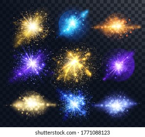 Light effect of glow, colored explosion or flash with shiny particles on transparent background. Vector illustration.
