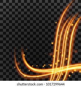 Light effect with glowing gold wavy lines and sparkles isolated on transparent special effec.. Vector illustration