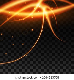 Light effect with glowing gold wavy lines and sparkles isolated on transparent special effec. 