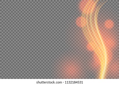 Light effect with glowing gold wavy lines and sparkles isolated on transparent special effec.. Vector illustration
