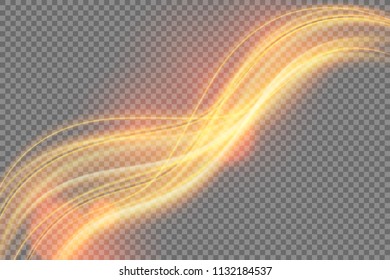Light effect with glowing gold wavy lines and sparkles isolated on transparent special effec.. Vector illustration